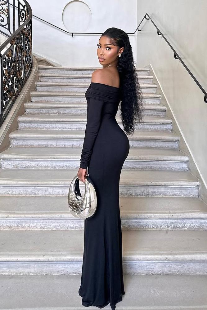Long Sleeves Off the Shoulder Mermaid Long Prom Dress With Pleated