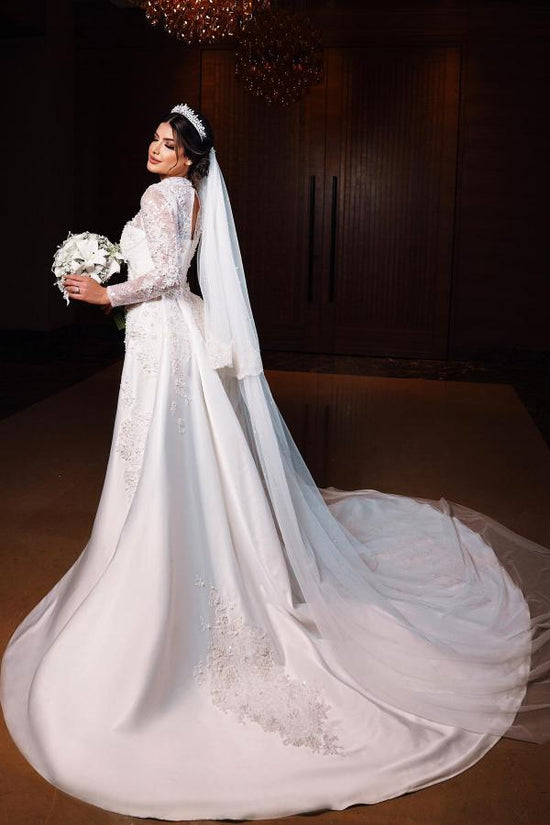 Long Sleeves Overskirt Wedding Dress Mermaid High Neck Lace-27dress