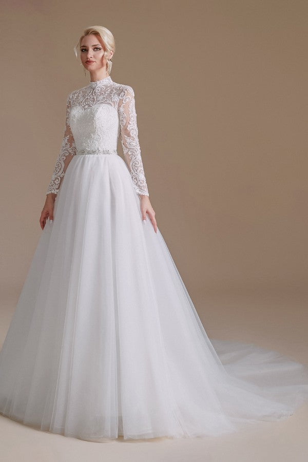 Long Sleeves Princess Lace Wedding Dress Tulle Bridal Gowns-27dress