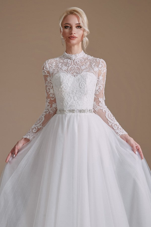 Long Sleeves Princess Lace Wedding Dress Tulle Bridal Gowns-27dress