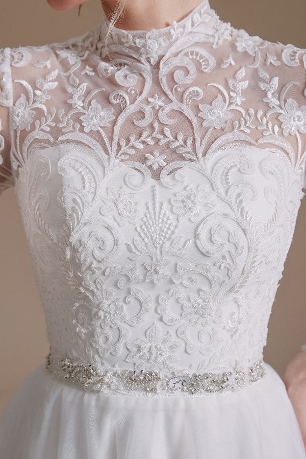Long Sleeves Princess Lace Wedding Dress Tulle Bridal Gowns-27dress