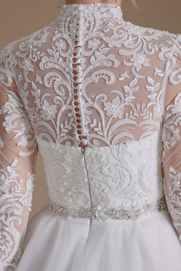 Long Sleeves Princess Lace Wedding Dress Tulle Bridal Gowns-27dress