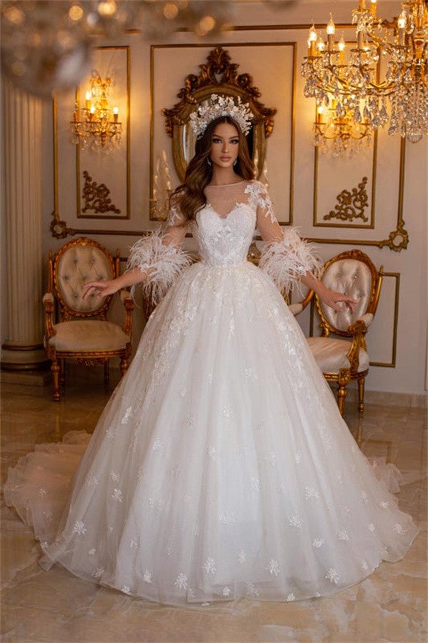 Long Sleeves Princess Wedding Dress Ball Gown With Lace Feather-27dress
