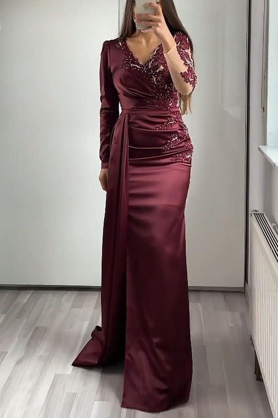 Long Sleeves Ruffles V Neck Pleated Mermaid Prom Dress With Lace Appliques