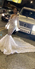Long Sleeves Sequins Sexy Appliques Mermaid Prom Dress V Neck With Feather
