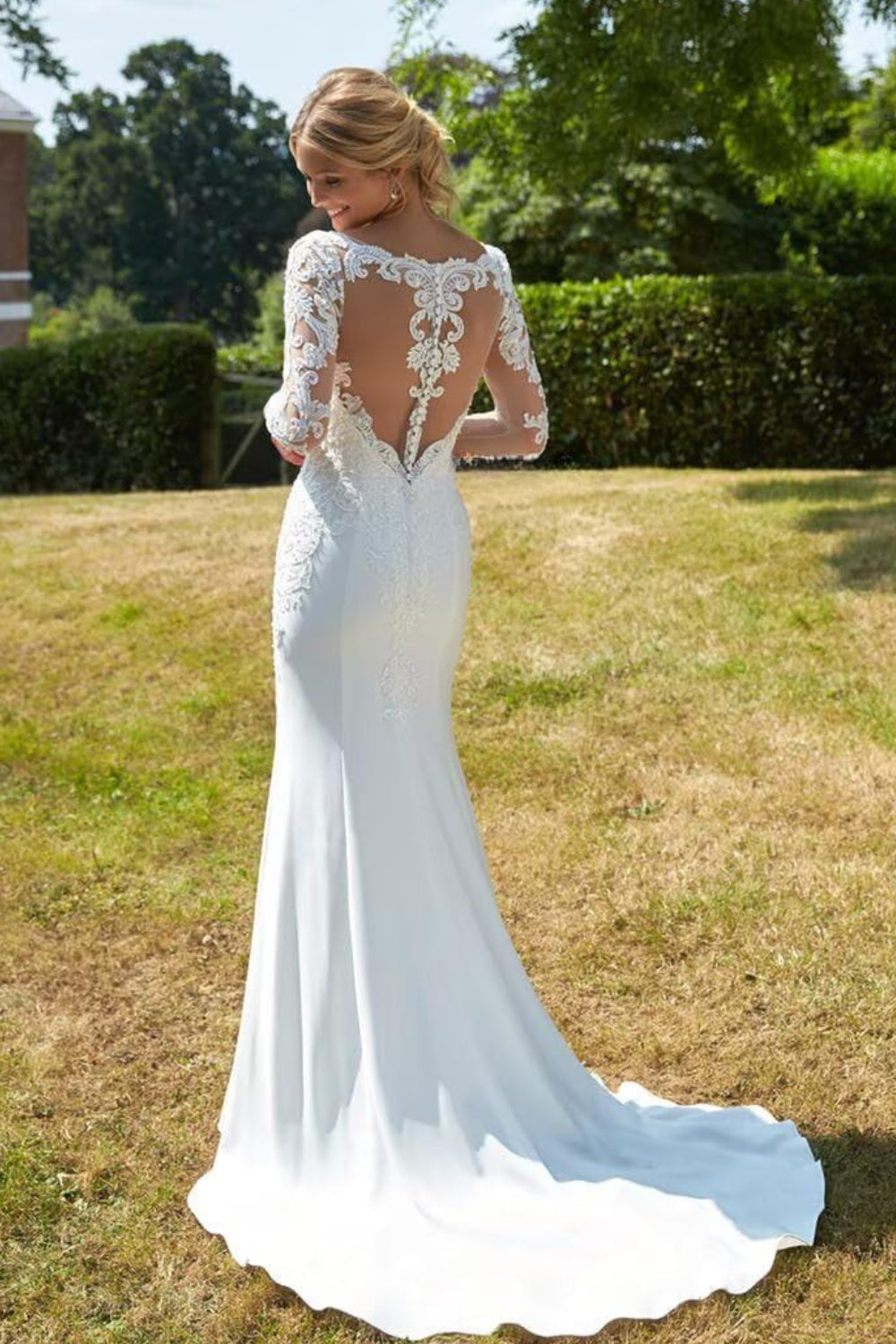 Long Sleeves Stain Mermaid Wedding Dresses with Lace Applique-27dress