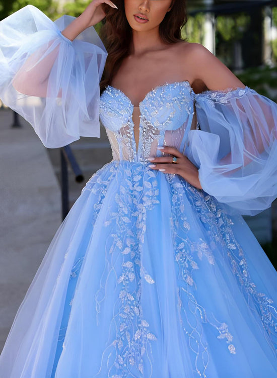 Load image into Gallery viewer, Long Sleeves Sweetheart Ball-Gown Prom Dress with Tulle Sweep Train and Appliques Lace-27dress
