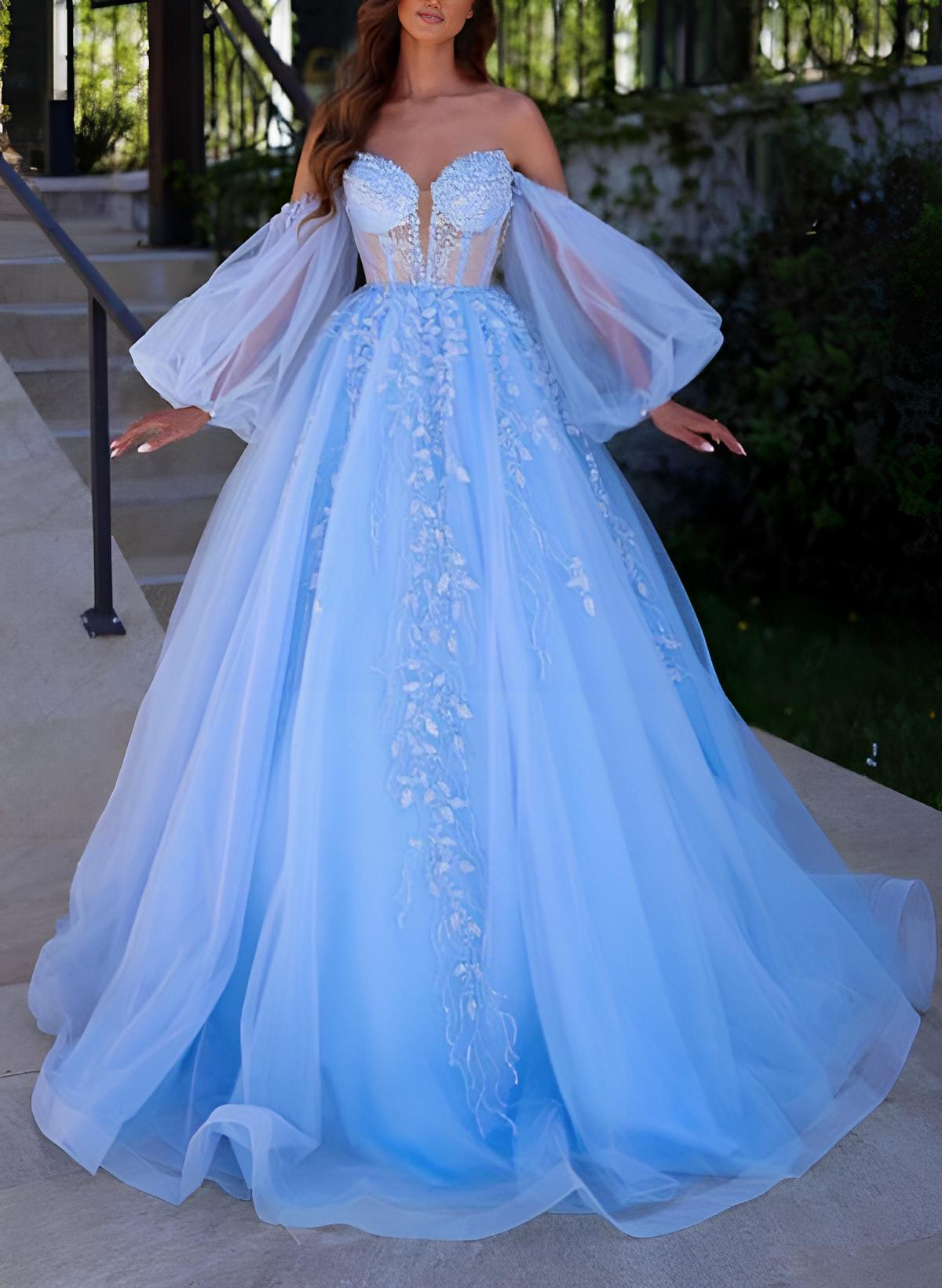 Load image into Gallery viewer, Long Sleeves Sweetheart Ball-Gown Prom Dress with Tulle Sweep Train and Appliques Lace-27dress
