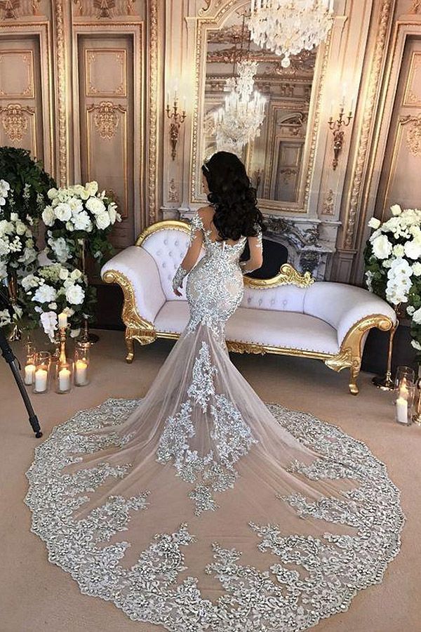 extra long wedding dresses 2019 Luxury Mermaid romantic bohemian wedding dresses with Deep Neckline, Tulle Wrap, and Sweep Tail