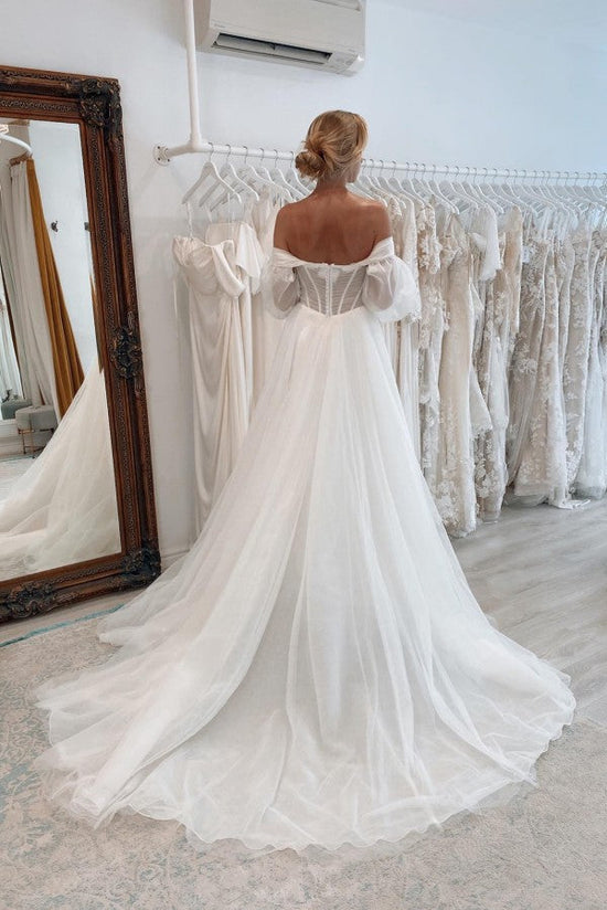 Long Sleeves Tulle Wedding Dress Off-the-Shoulder With Lace-27dress