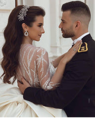 Long Sleeves V-Neck Ball Gown Satin Wedding Dress With Sequins-27dress