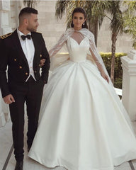 Long Sleeves V-Neck Ball Gown Satin Wedding Dress With Sequins-27dress