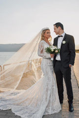 Long Sleeves V-Neck Bridal Gowns Mermaid Lace Appliques-27dress