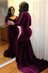 Long Sleeves V Neck Purple Mermaid Prom Dress With Pleated