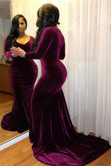 Long Sleeves V Neck Purple Mermaid Prom Dress With Pleated