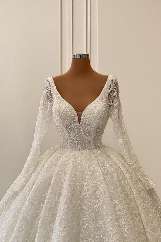 Long Sleeves V-Neck Wedding Dress Ball Gown With Lace-27dress