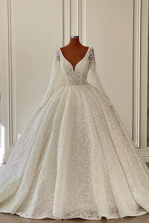 Long Sleeves V-Neck Wedding Dress Ball Gown With Lace-27dress