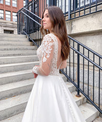 Long Sleeves V-Neck Wedding Dress Open Back Lace WIth Buttons-27dress