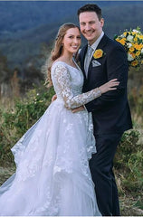 Long Sleeves V-Neck Wedding Dress Ruffles With Lace Appliques-27dress