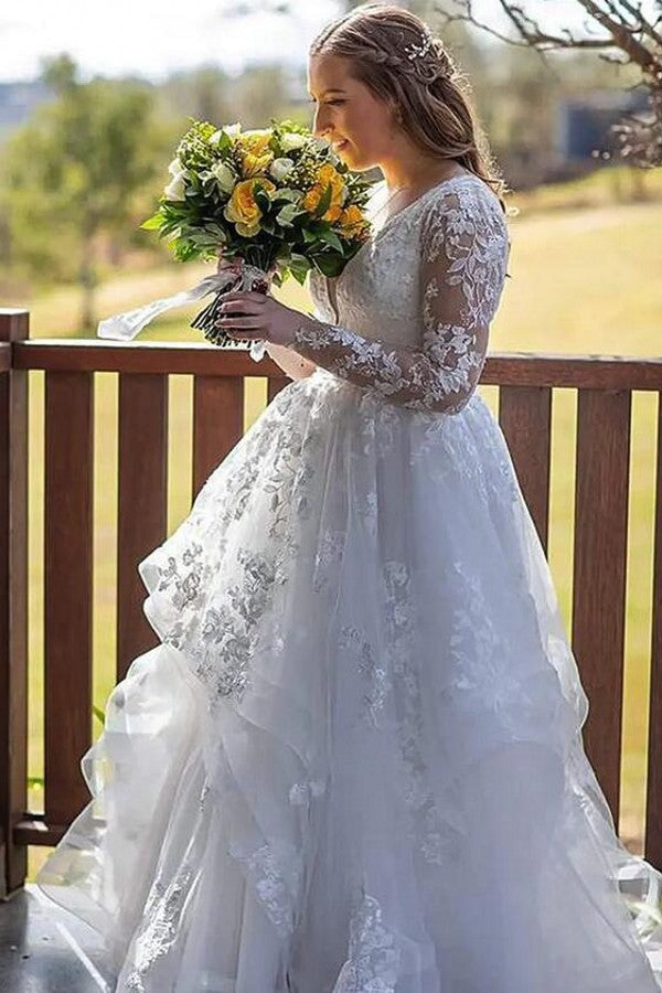 Long Sleeves V-Neck Wedding Dress Ruffles With Lace Appliques-27dress