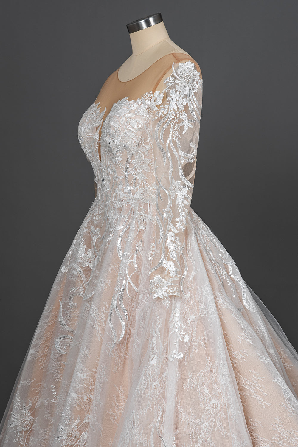 Long Sleeves Wedding Dress Ball Gown Champagne Lace Scoop-27dress