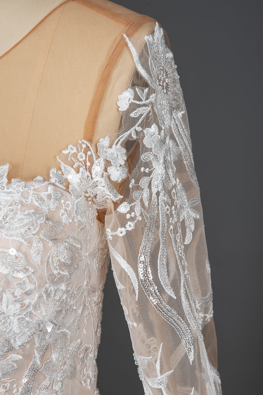 Long Sleeves Wedding Dress Ball Gown Champagne Lace Scoop-27dress