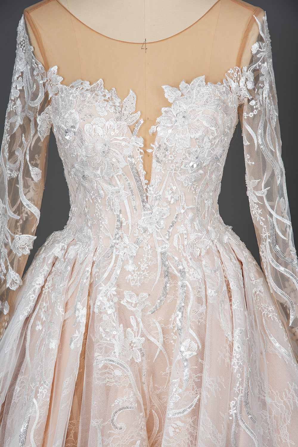 Long Sleeves Wedding Dress Ball Gown Champagne Lace Scoop-27dress