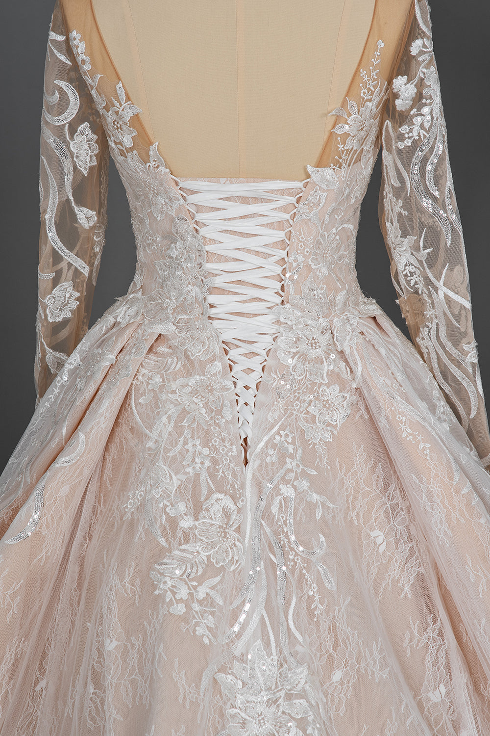 Long Sleeves Wedding Dress Ball Gown Champagne Lace Scoop-27dress