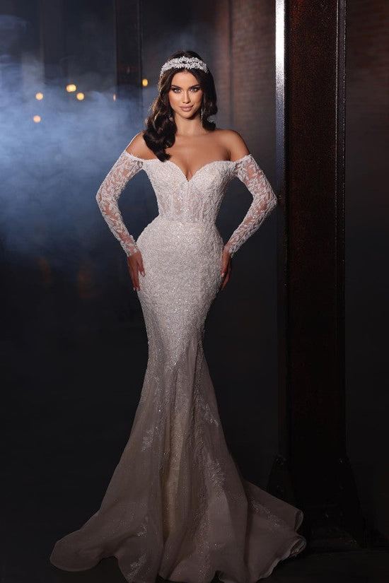 Long Sleeves Wedding Dress Lace Mermaid With Detachable Skirt-27dress