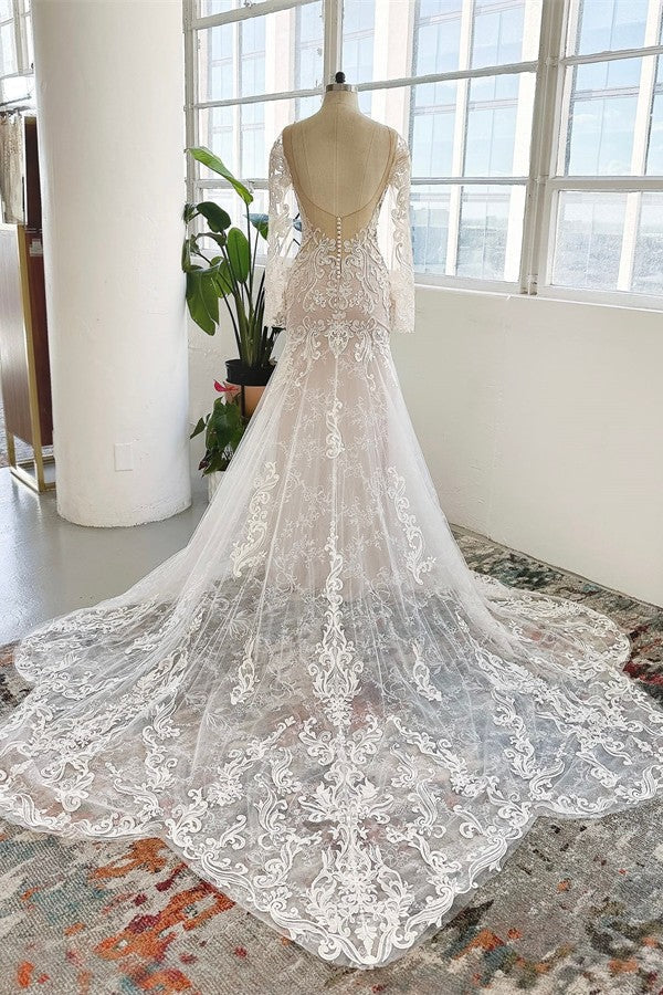 Long Sleeves Wedding Dress Mermaid Tulle Lace Appliques-27dress