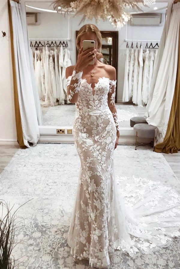 Long Sleeves Wedding Dress Mermaid With Lace Appliques-27dress