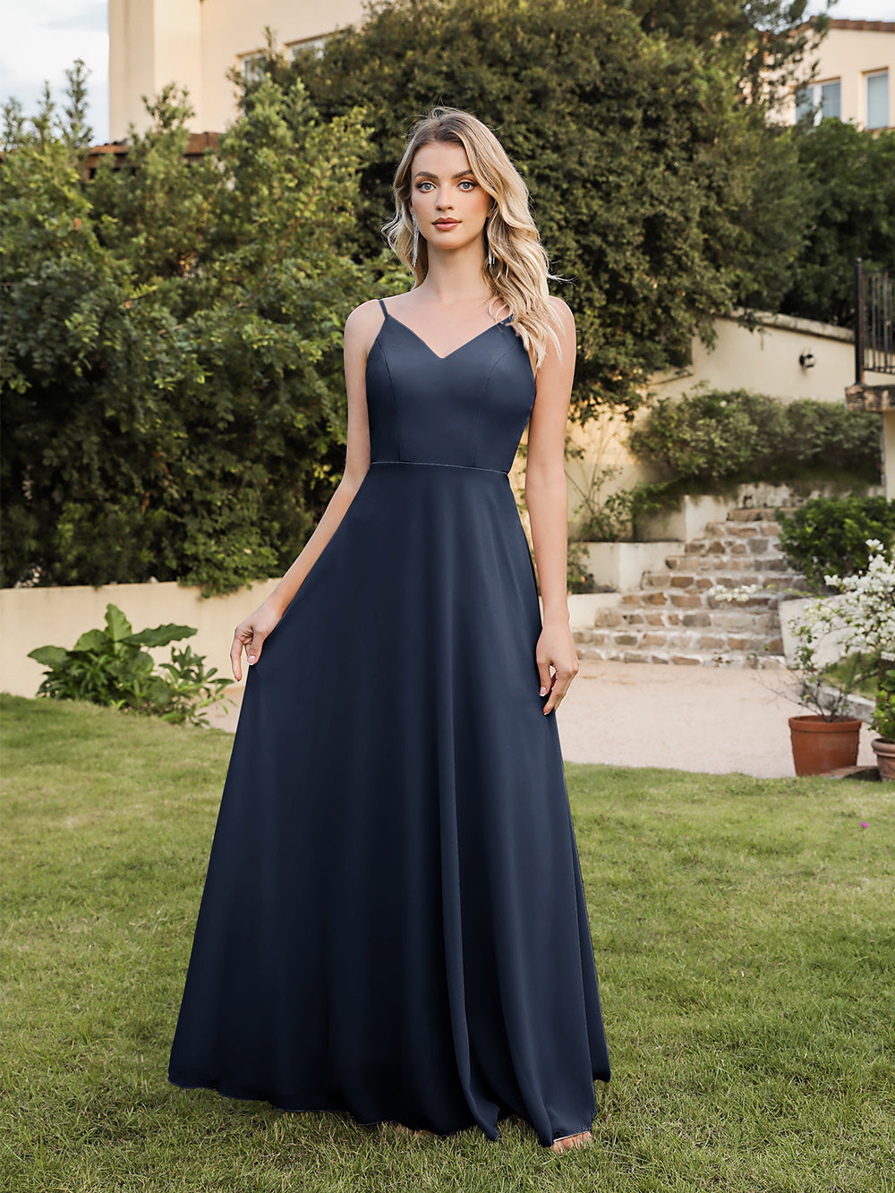 Long V-neck Backless Satin A-line Bridesmaid Dresses-27dress