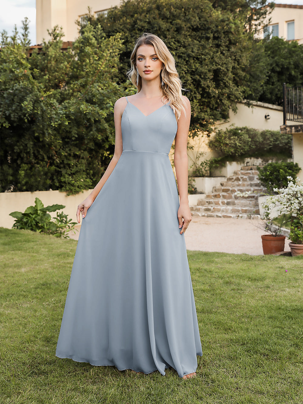Long V-neck Backless Satin A-line Bridesmaid Dresses-27dress