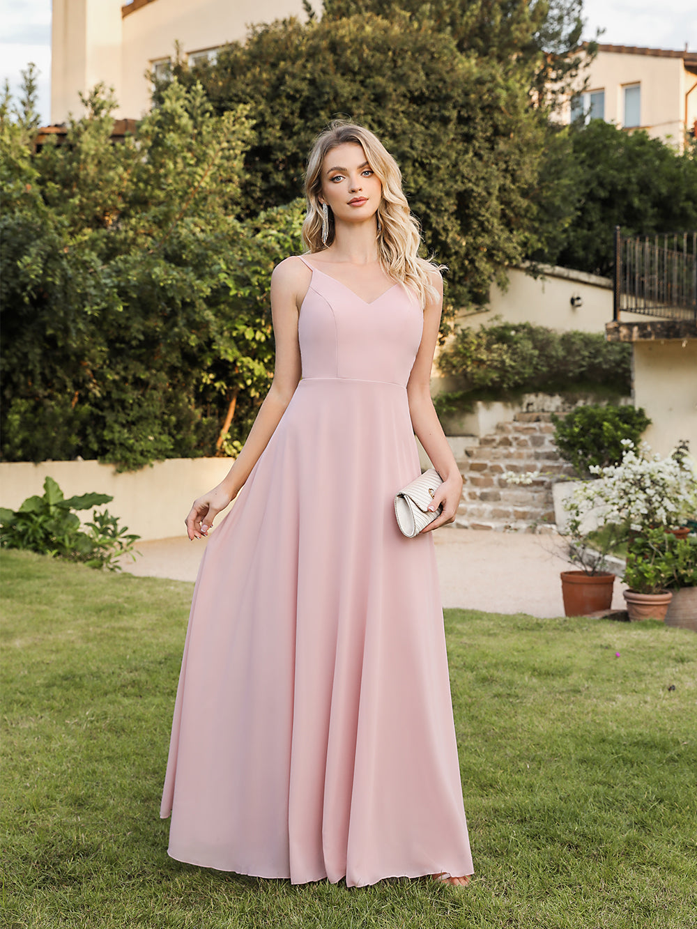 Long V-neck Backless Satin A-line Bridesmaid Dresses-27dress