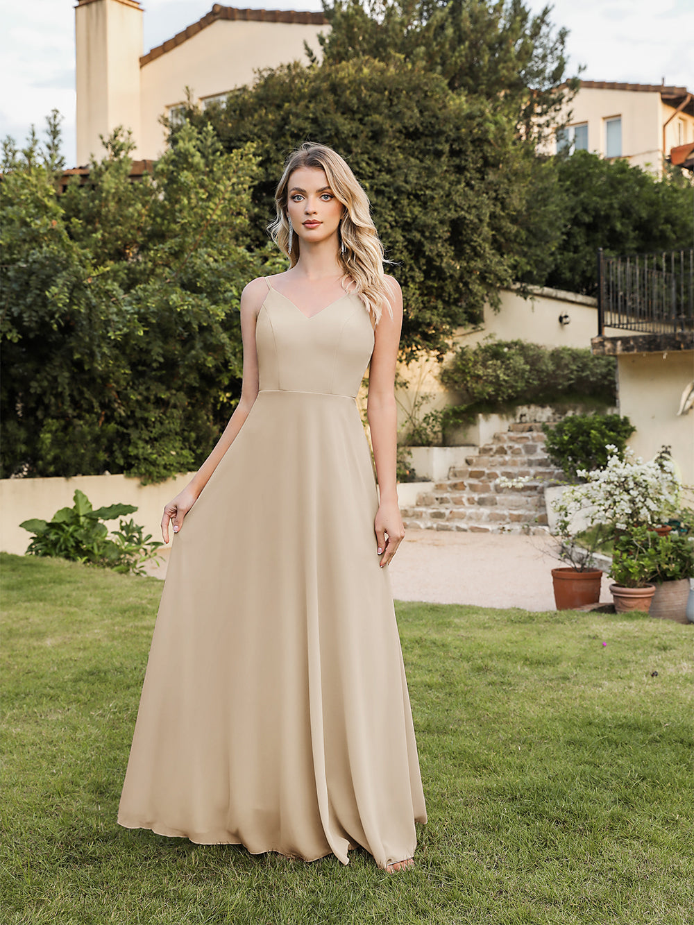 Long V-neck Backless Satin A-line Bridesmaid Dresses-27dress