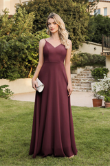 Long V-neck Backless Satin A-line Bridesmaid Dresses-27dress