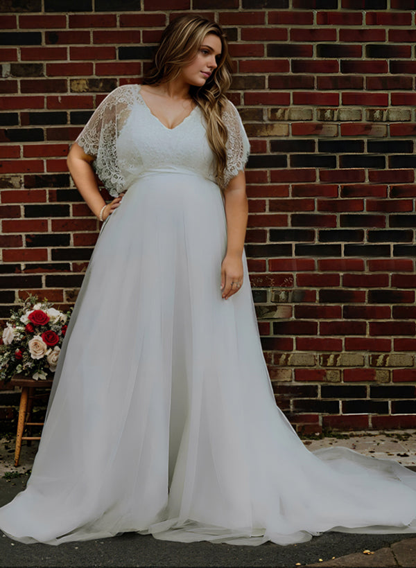 Long V-Neck Boho Lace Plus Size A-Line Wedding Dresses with