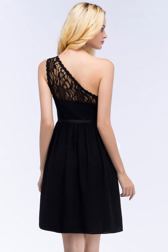 Lovely Lace Black One-shoulder Short Junior Bridesmaid Dresses Online-27dress