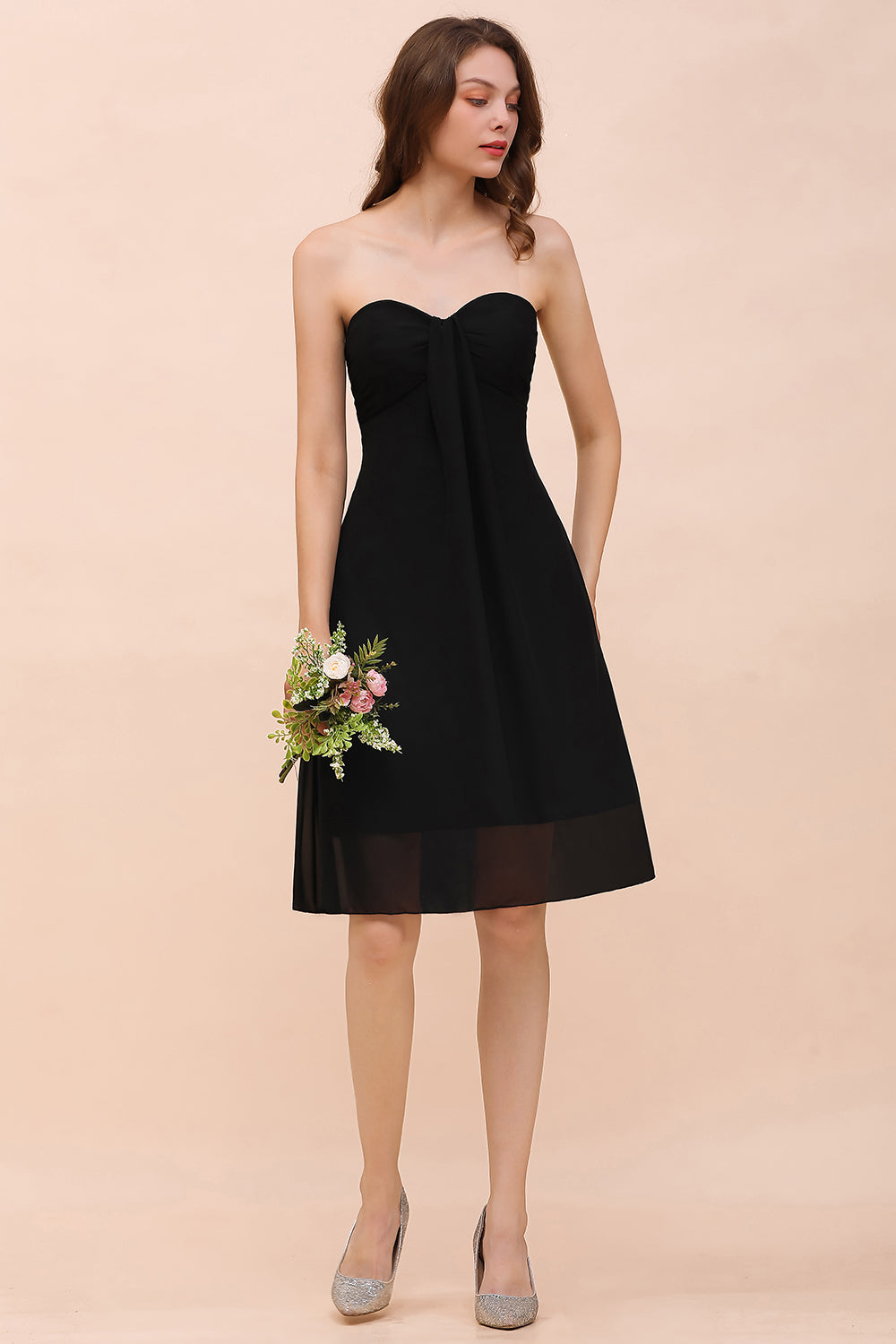Lovely Strapless Sweetheart Ruffle Short Black Bridesmaid Dress Affordable-27dress