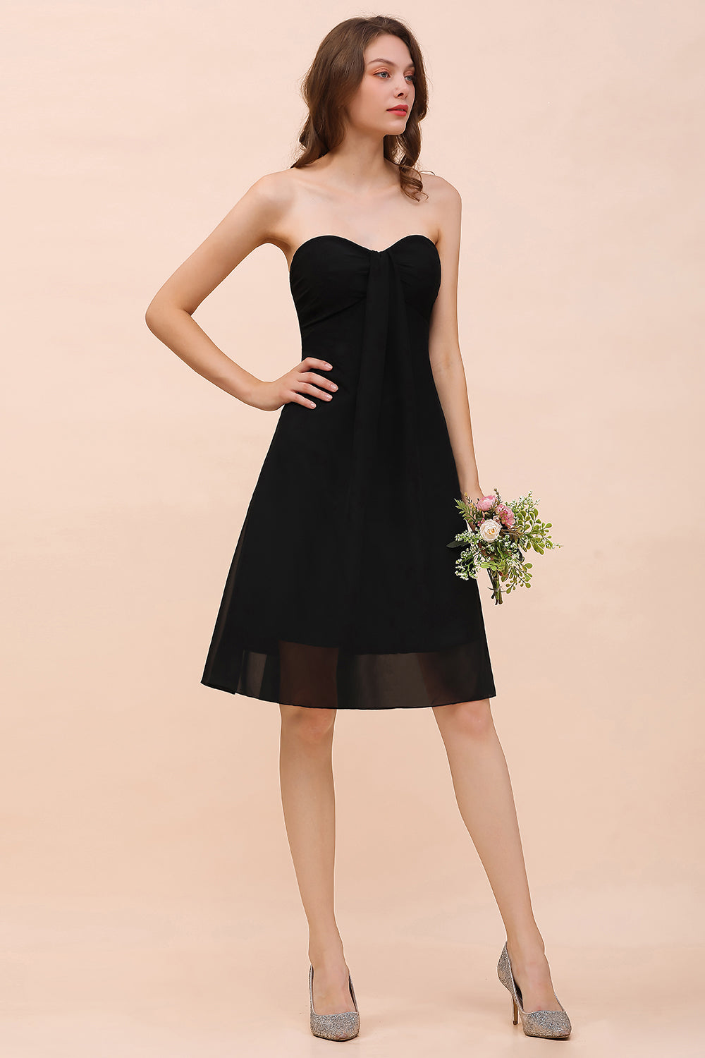 Lovely Strapless Sweetheart Ruffle Short Black Bridesmaid Dress Affordable-27dress