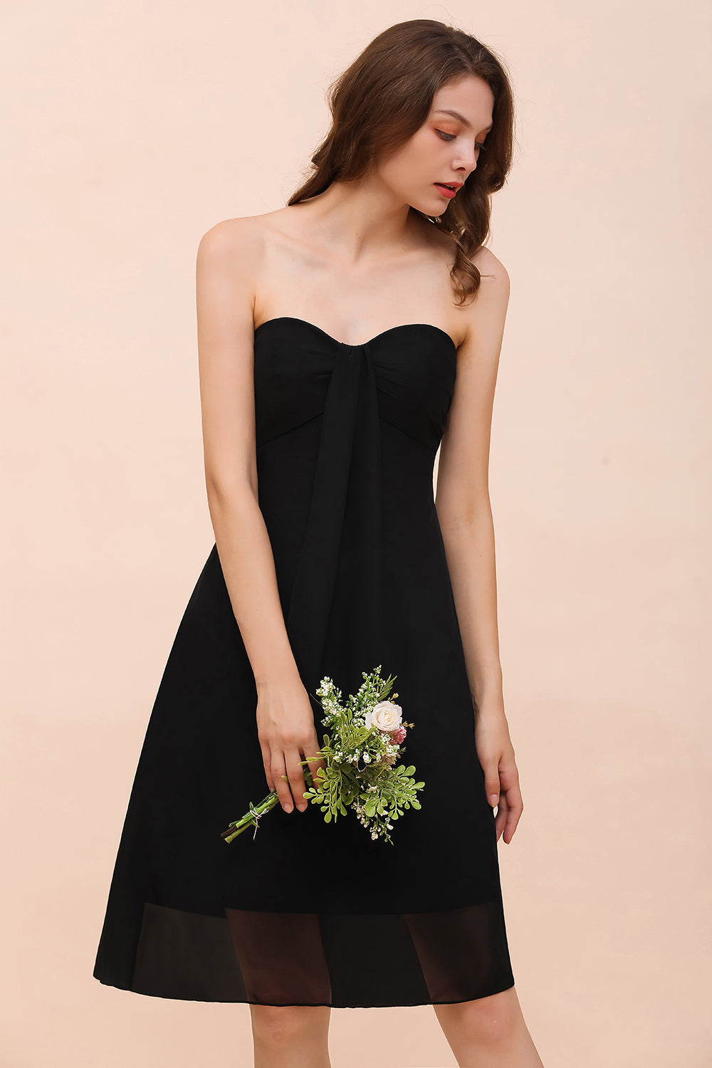 Lovely Strapless Sweetheart Ruffle Short Black Bridesmaid Dress Affordable-27dress