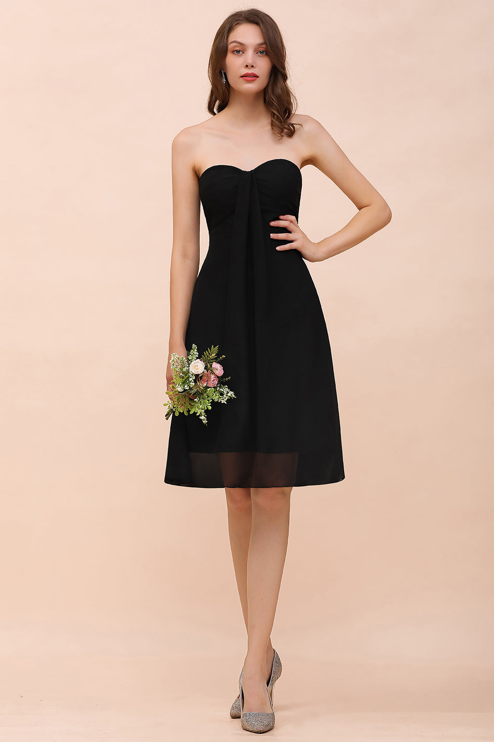 Lovely Strapless Sweetheart Ruffle Short Black Bridesmaid Dress Affordable-27dress