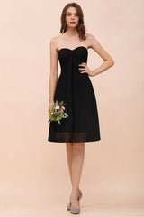 Lovely Strapless Sweetheart Ruffle Short Black Bridesmaid Dress Affordable-27dress