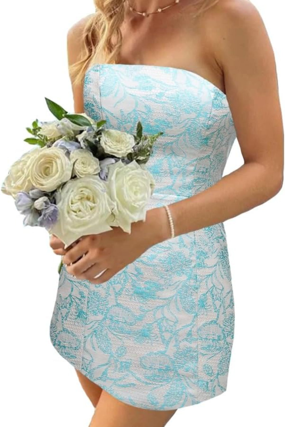 Floral Homecoming Dresses 27dress strapless aqua floral jacquard mini dress model holding white bouquet