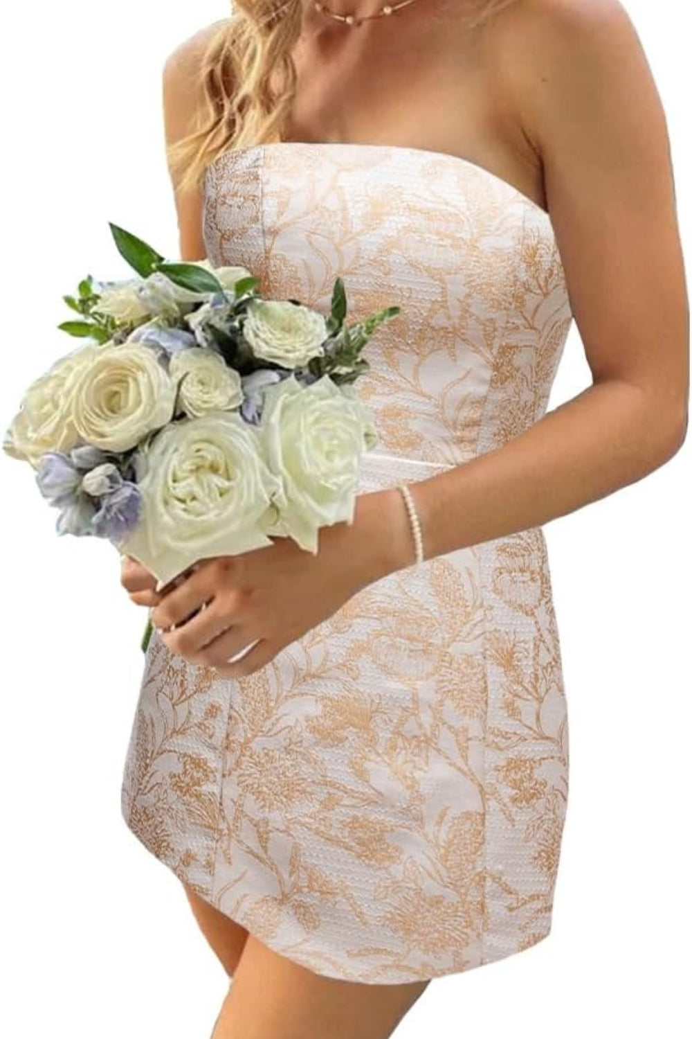 27dress strapless white and gold mini dress with floral pattern held with white rose bouquet Floral Homecoming Dresses