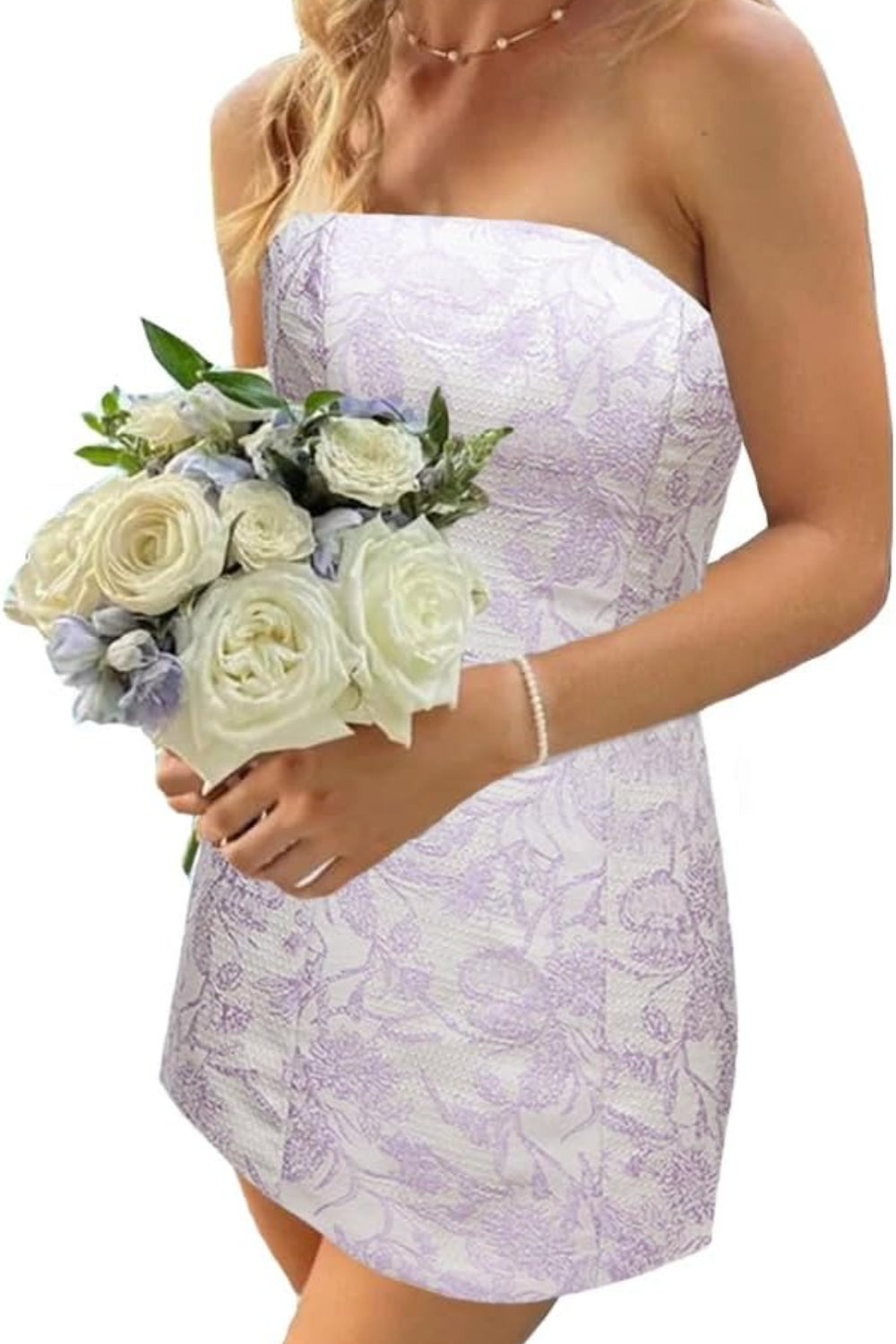 27dress strapless lilac floral mini dress with white rose bouquet modeled for Floral Homecoming Dresses