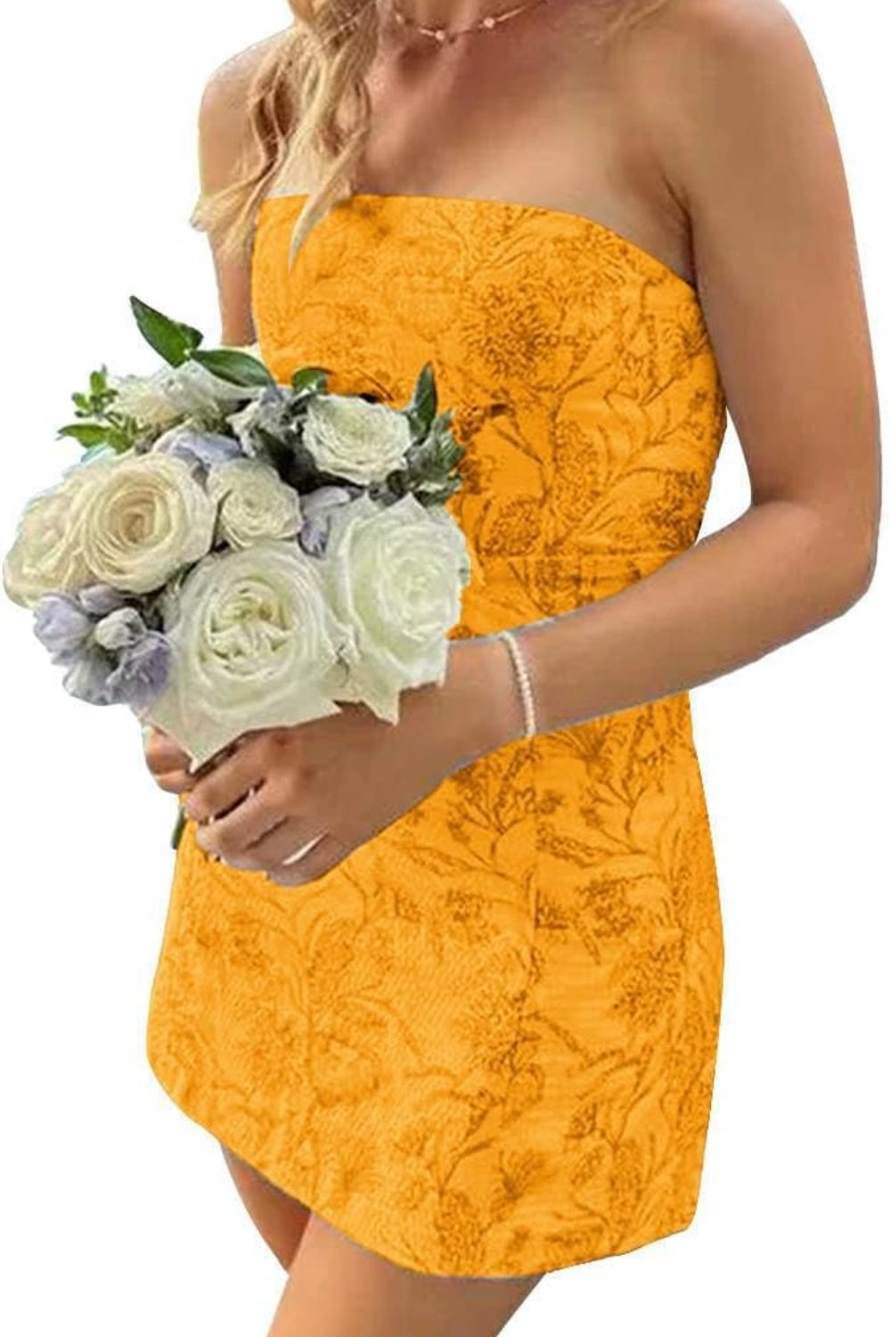 Floral Homecoming Dresses 27dress strapless yellow floral mini dress with fitted bodice holding white rose bouquet
