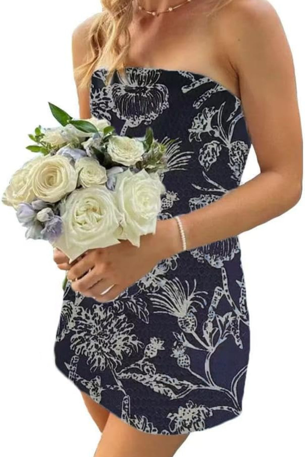27dress Floral Homecoming Dresses strapless navy floral mini dress with fitted silhouette and white bouquet