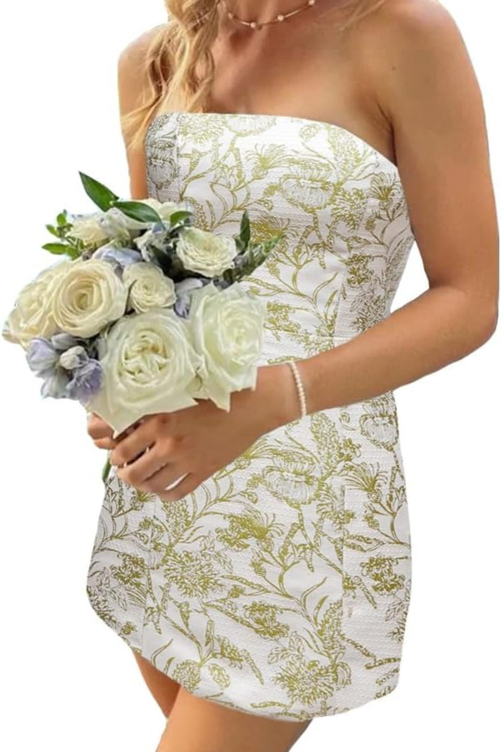 27dress strapless white mini dress with green floral print holding bouquet Floral Homecoming Dresses