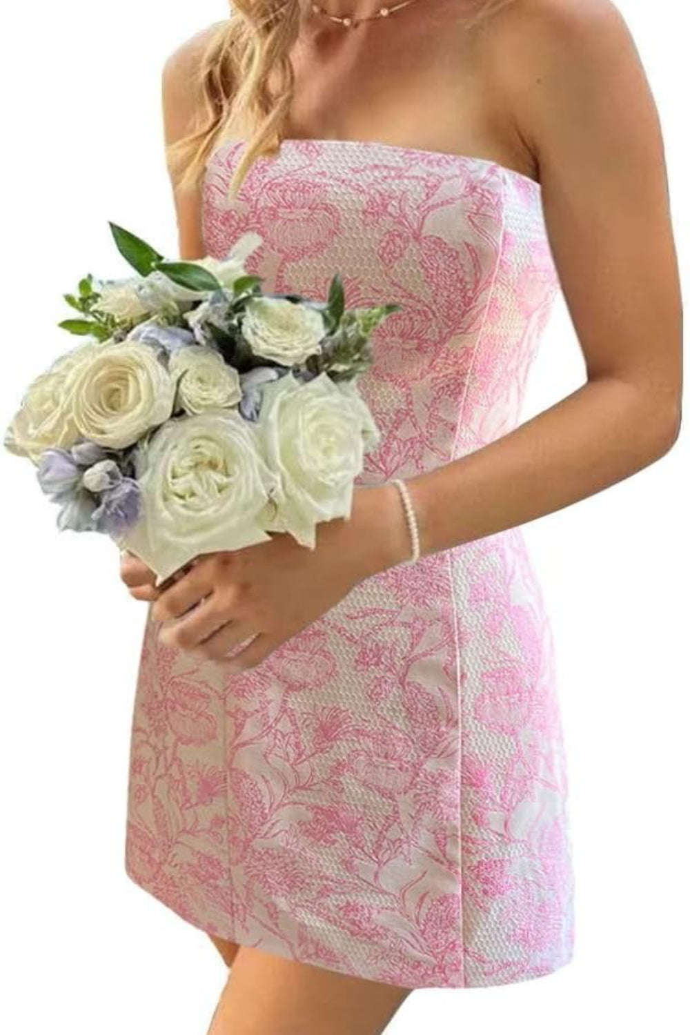 27dress strapless pink floral jacquard mini dress with white rose bouquet ideal for school events Floral Homecoming Dresses